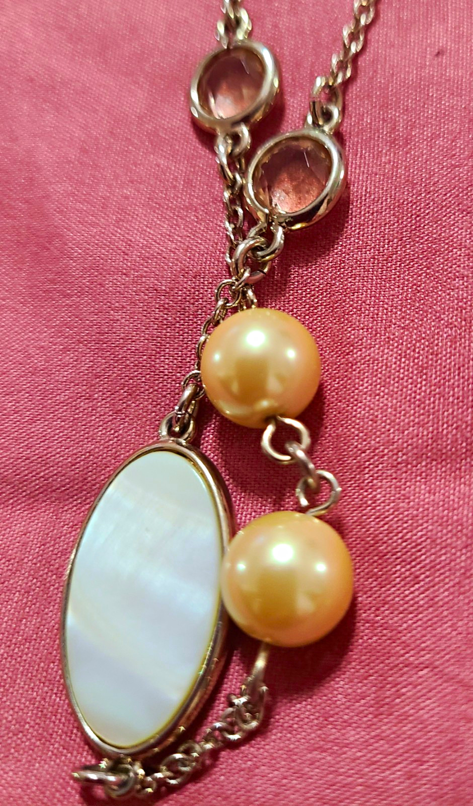 Talbots Necklace W/Oval Mother of Pearl Links, Golden Pearls And Clear Crystals