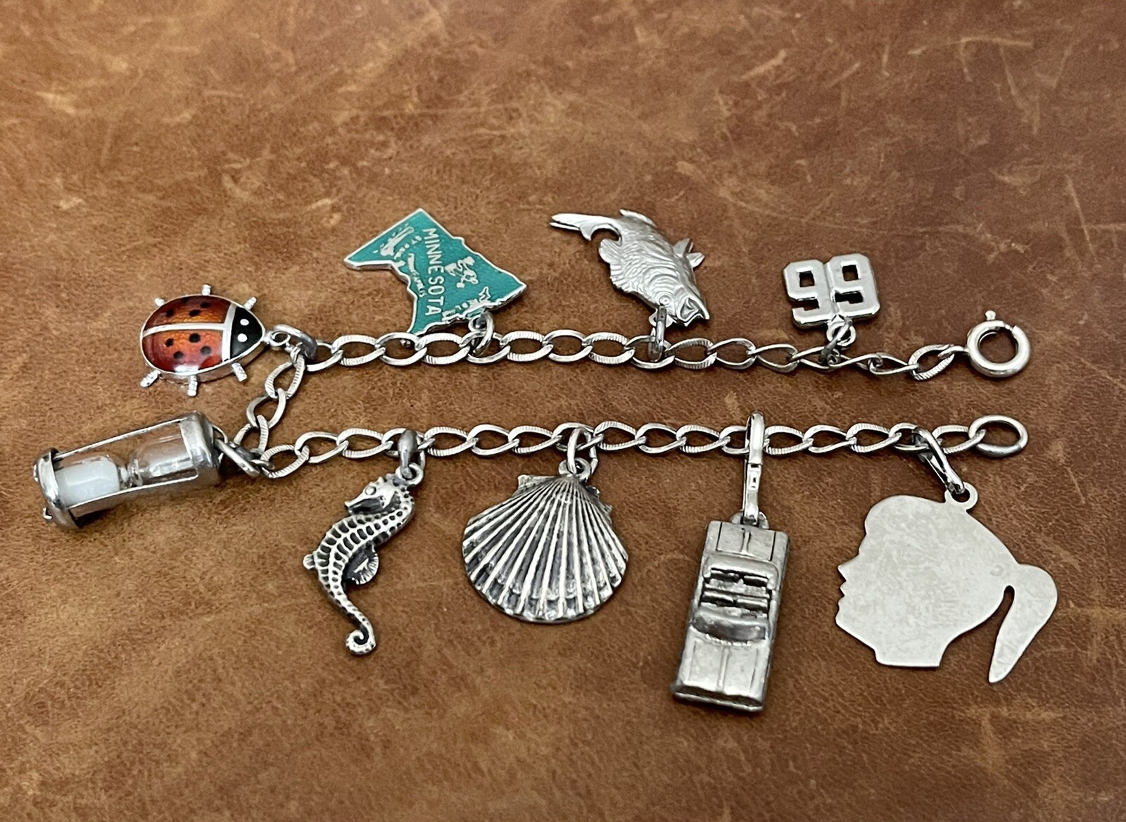 Vintage 9 Dangle Charms 925 Sterling Silver On Curb Link Chain Bracelet 7” In
