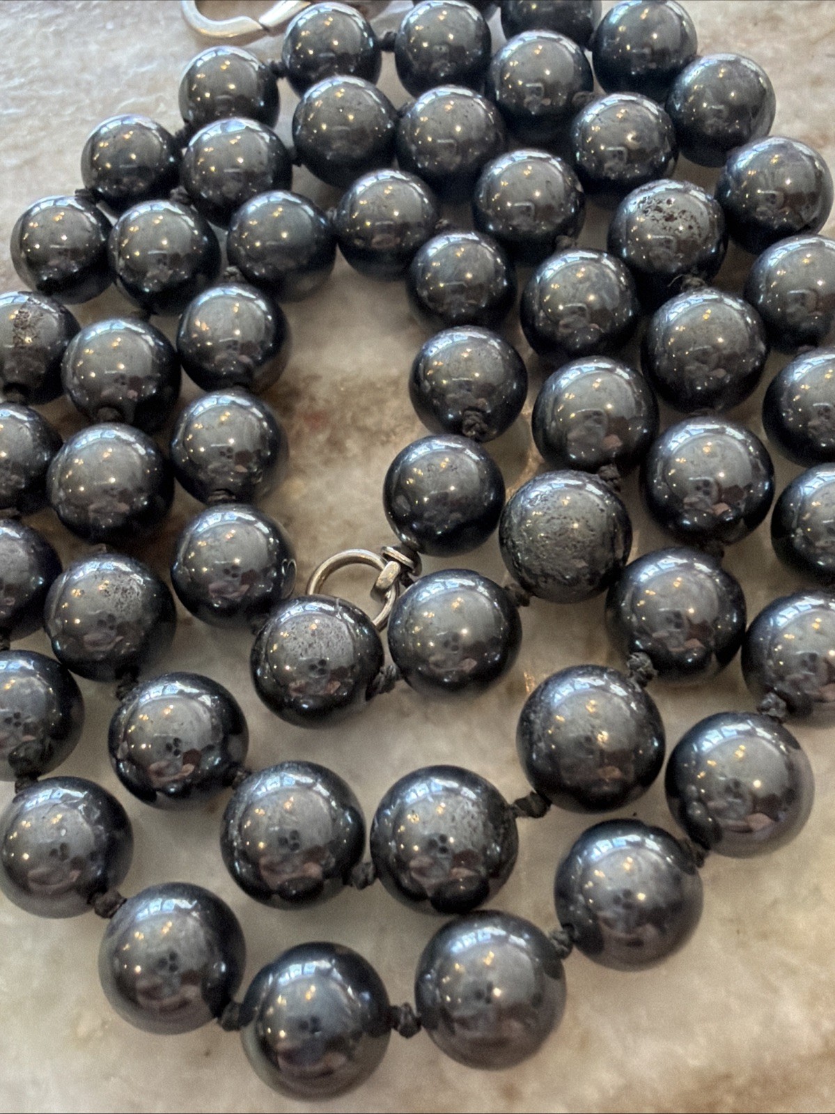 Vintage Hematite Beaded Necklace With A Large 925 Lobster Clasp Hand Knotted H12