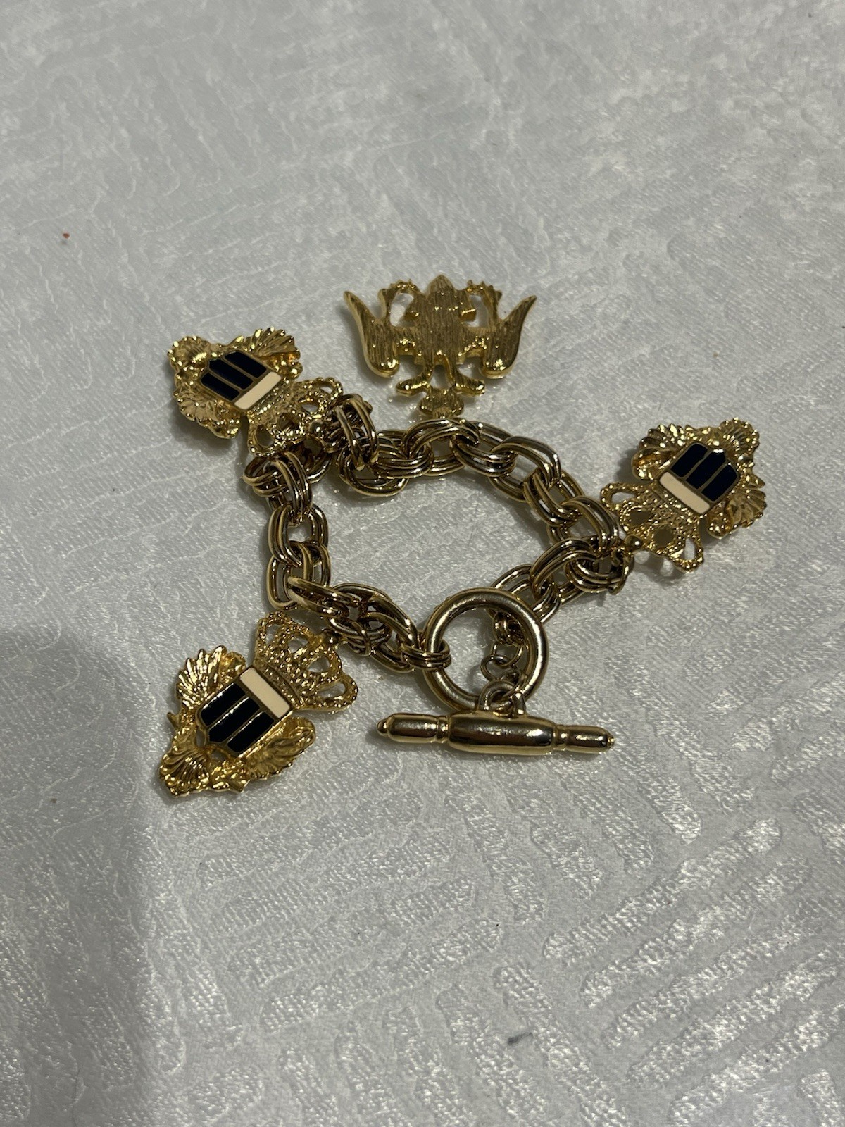 Vintage Gold Tone Heraldic Charm Bracelet Coat of Arms Eagle Crown