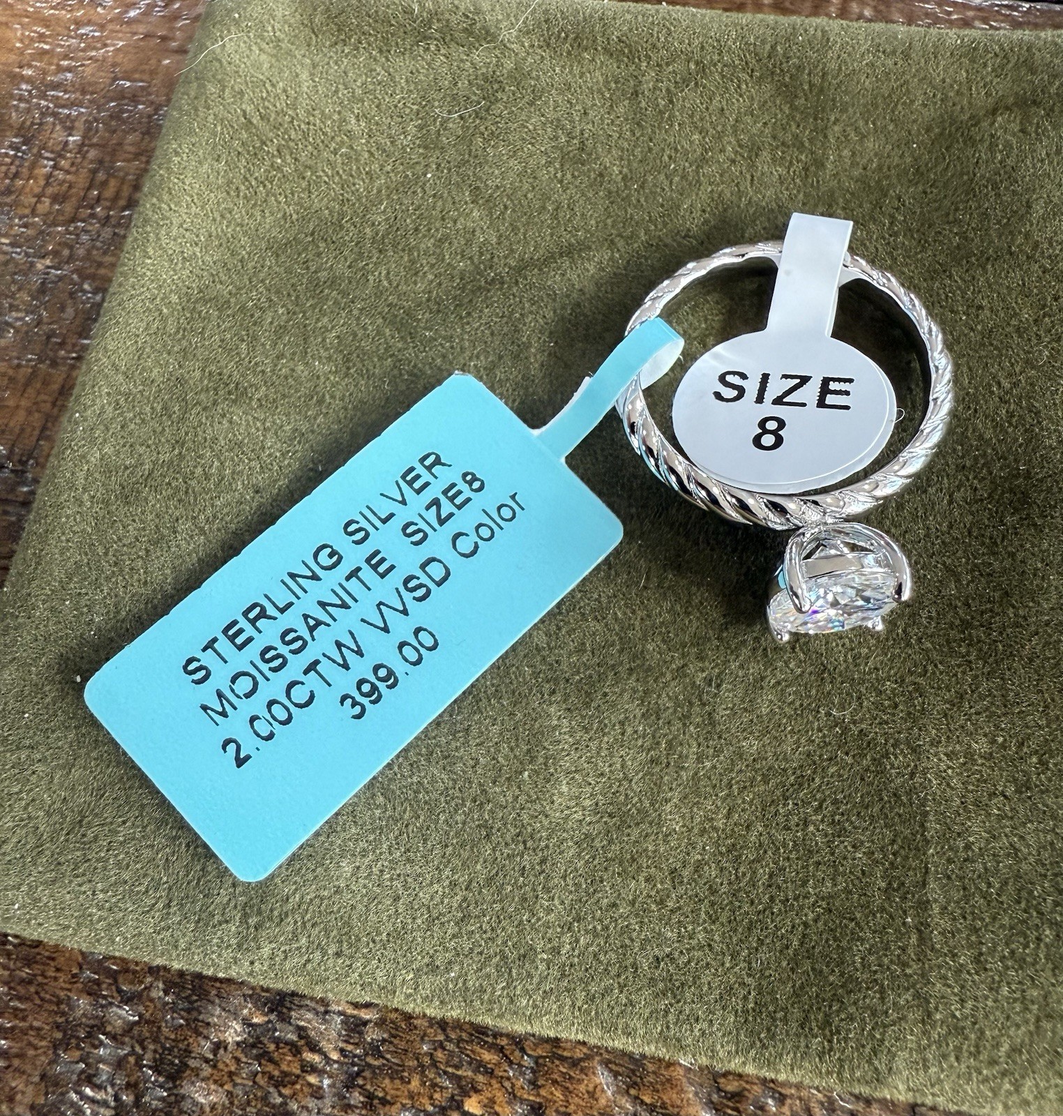 Engagement Wedding SIZE 8 Moissanite Ring 925 Sterling Silver $399 Retail Rope