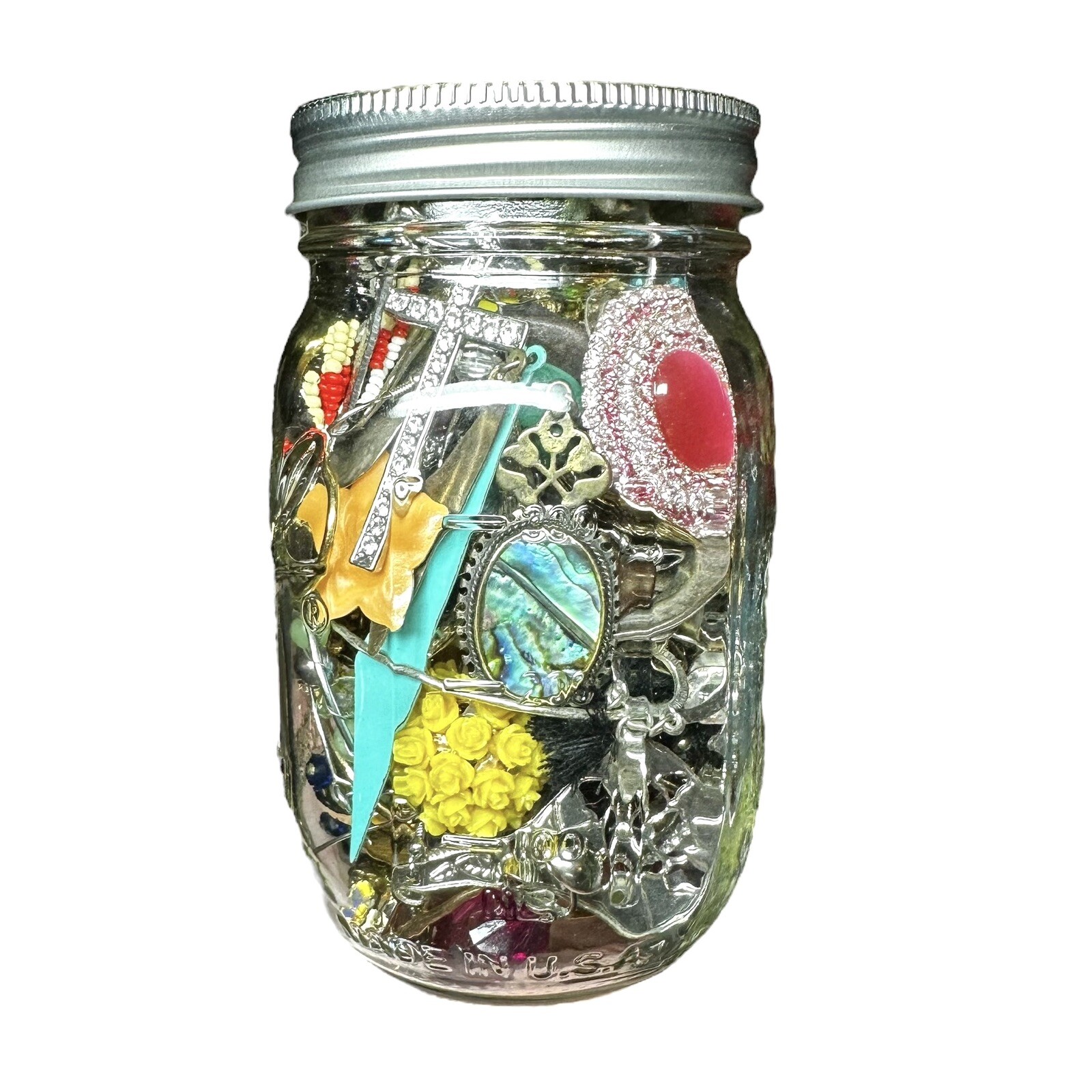 1+Lb Full (1) Ball Mason Jar Mystery Lot All Wearable Jewelry GUC Necklaces Etc.