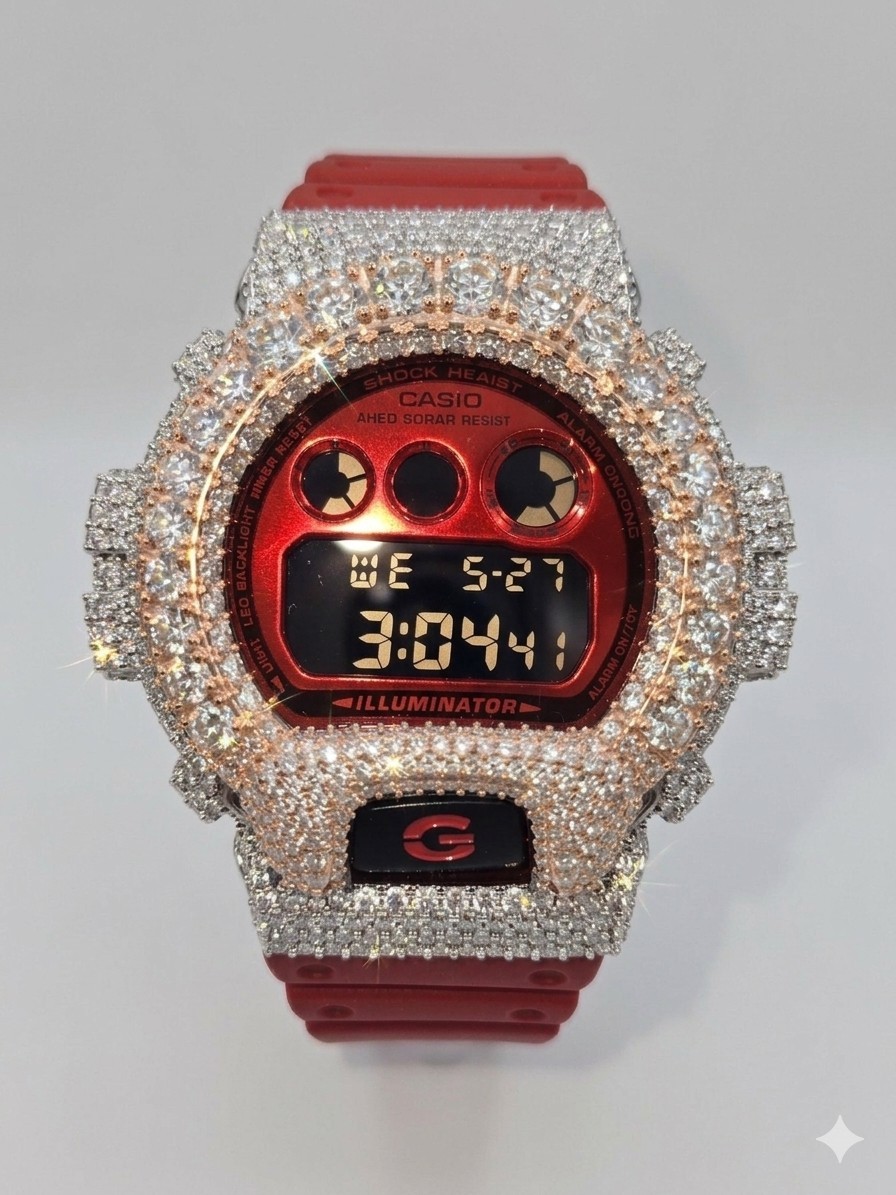 Moissanite G Shock Casio 2tone Rose 3Line Bezel, Red Band W/Original Bezel New