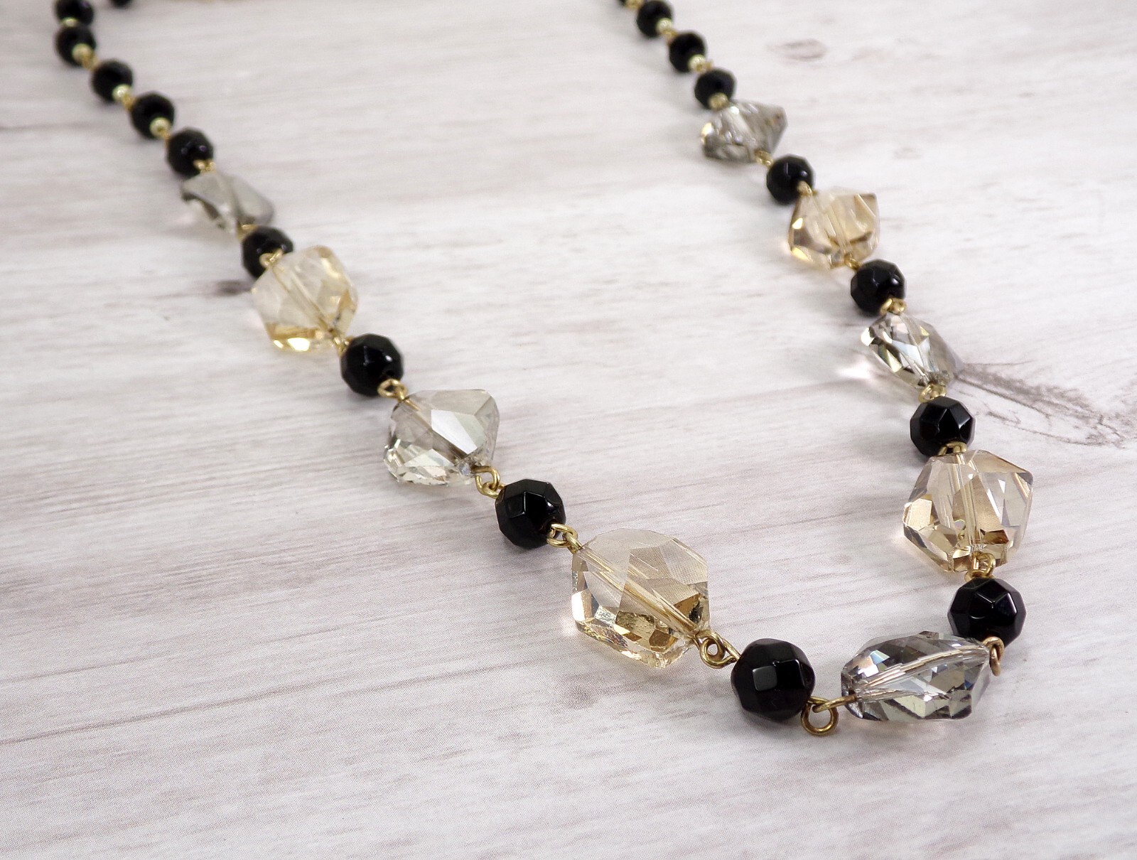 Multi color glass bead link necklace in beige, gray and black glass colors New