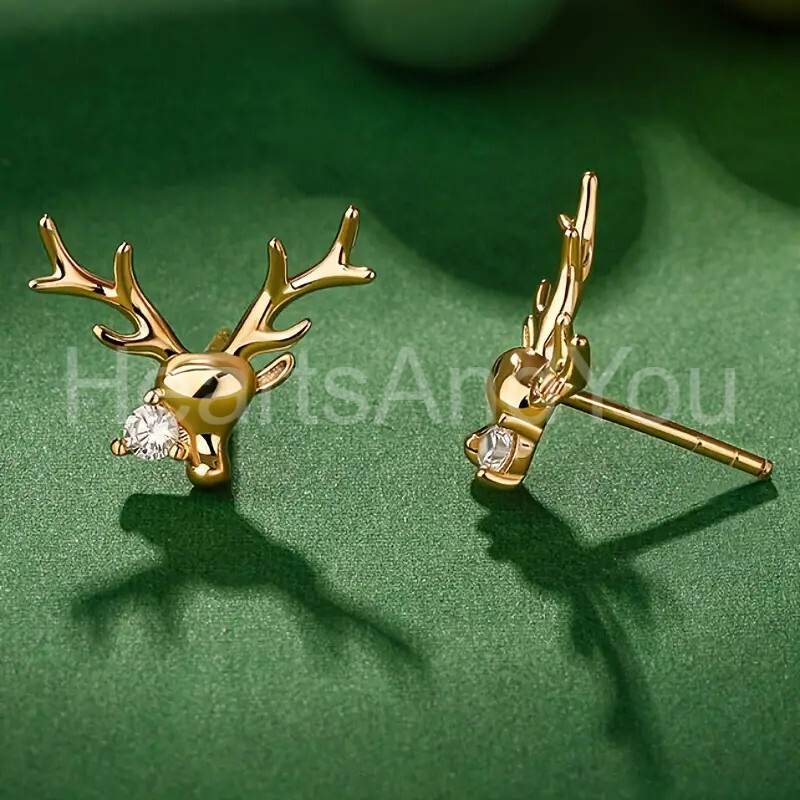 1ct Round Cut Moissanite Stag Reindeer Stud Earrings 14K Yellow Gold Plated