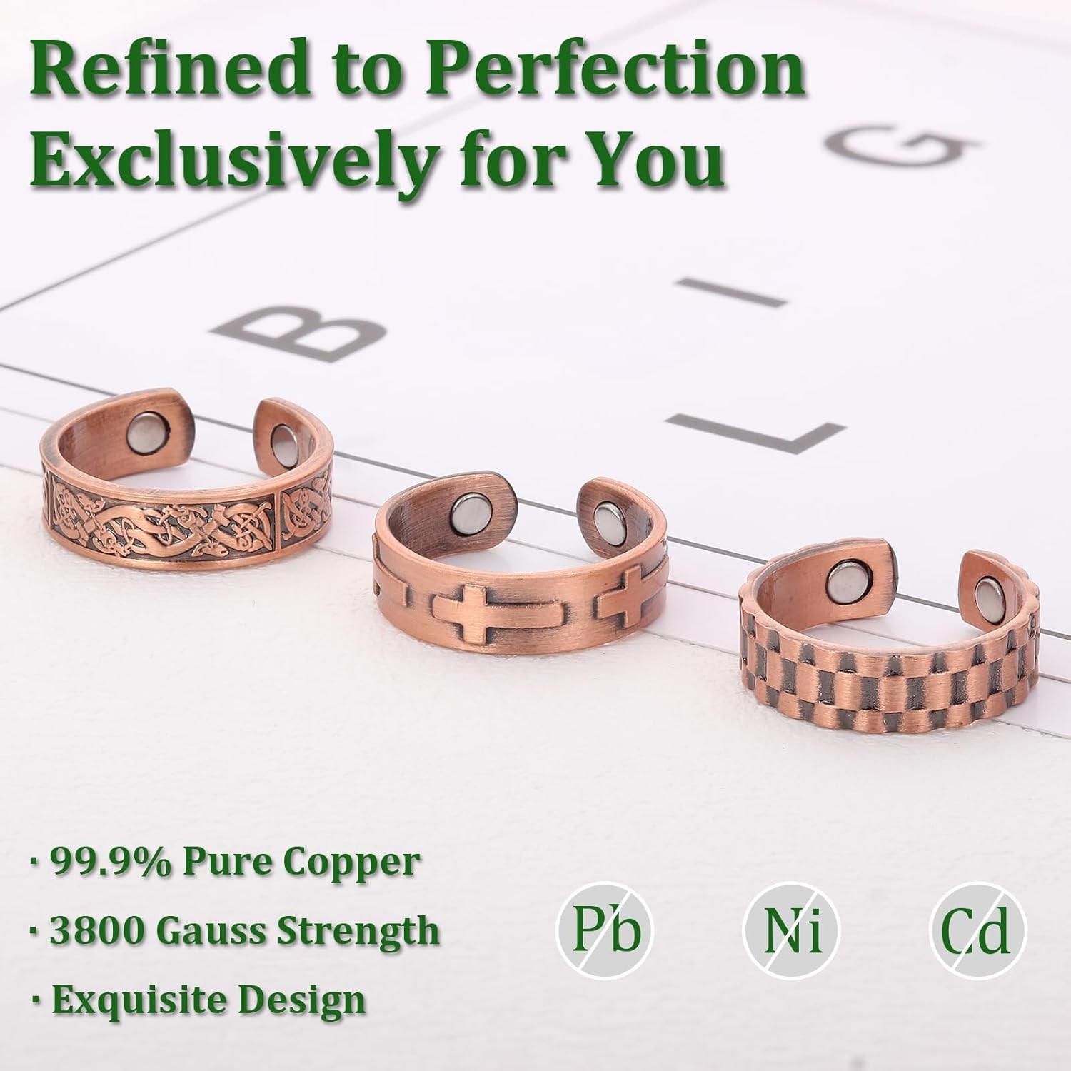 3 Copper Rings for Men Women, 99.9% Pure Copper Magnetic Rings, Adjustable