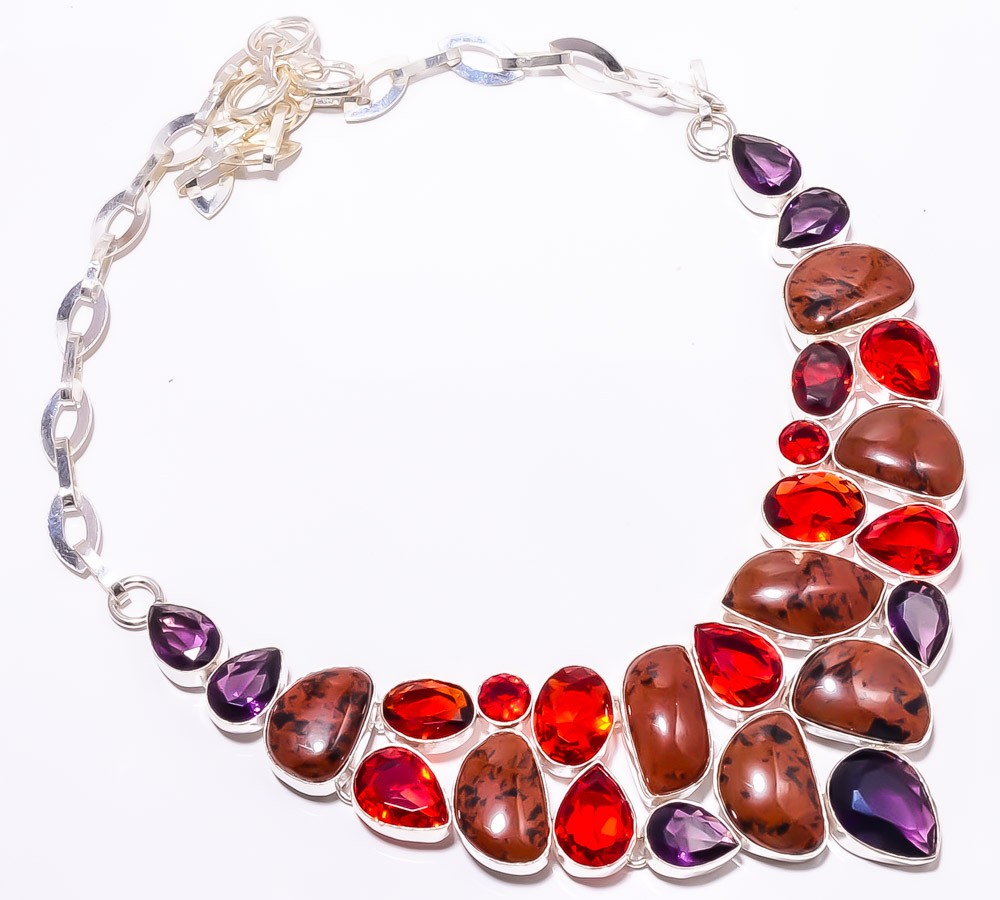 Natural Mahogany Obsidian & Amethyst 925 Silver Plated Necklace 16-18″ S1916