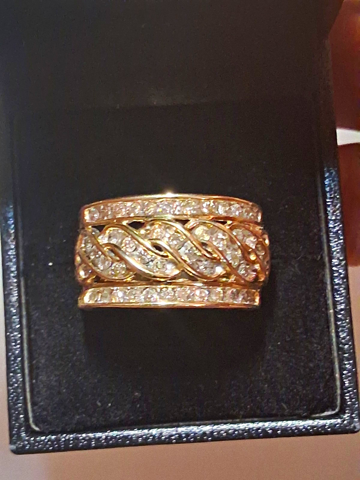 Gold Tone White/Clear Round Crystal Wide Band Ring Size 8, 12mm