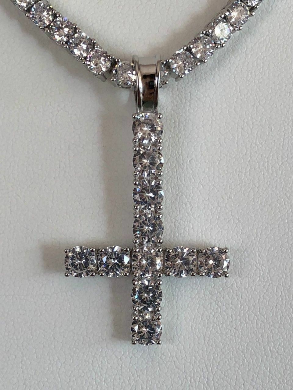 Inverted Cross Upside Down Real Solid 925 Sterling Silver Tennis Chain CZ