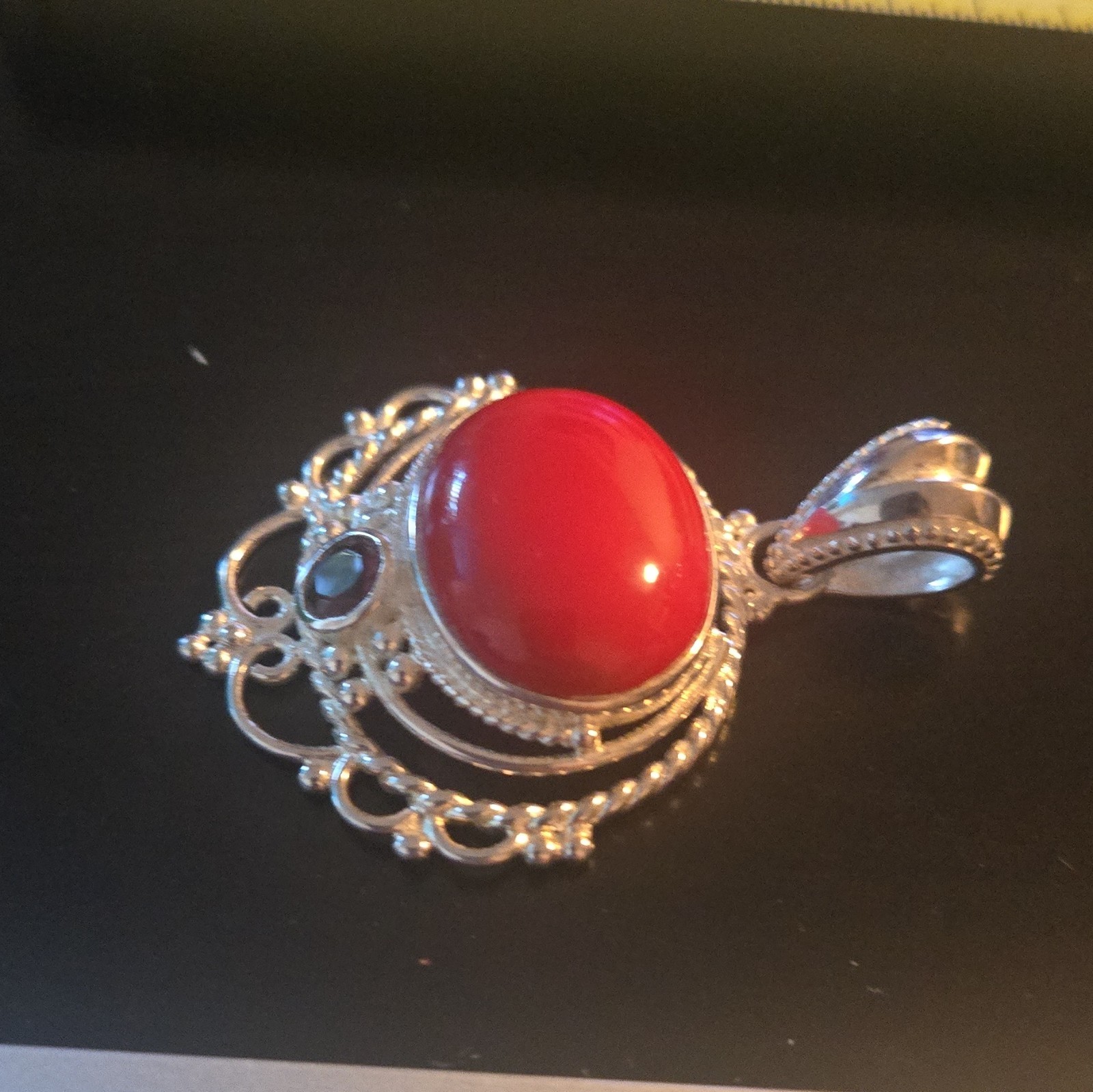 Red Oval Coral Cabochon Pendant in Silver Bezel Setting, Filigree Style