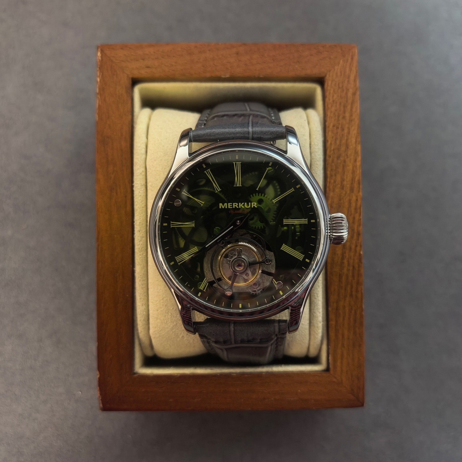 Merkur Men Tourbillon Watch 42mm Mechanical Wristwatch Sapphire Skeleton Dial