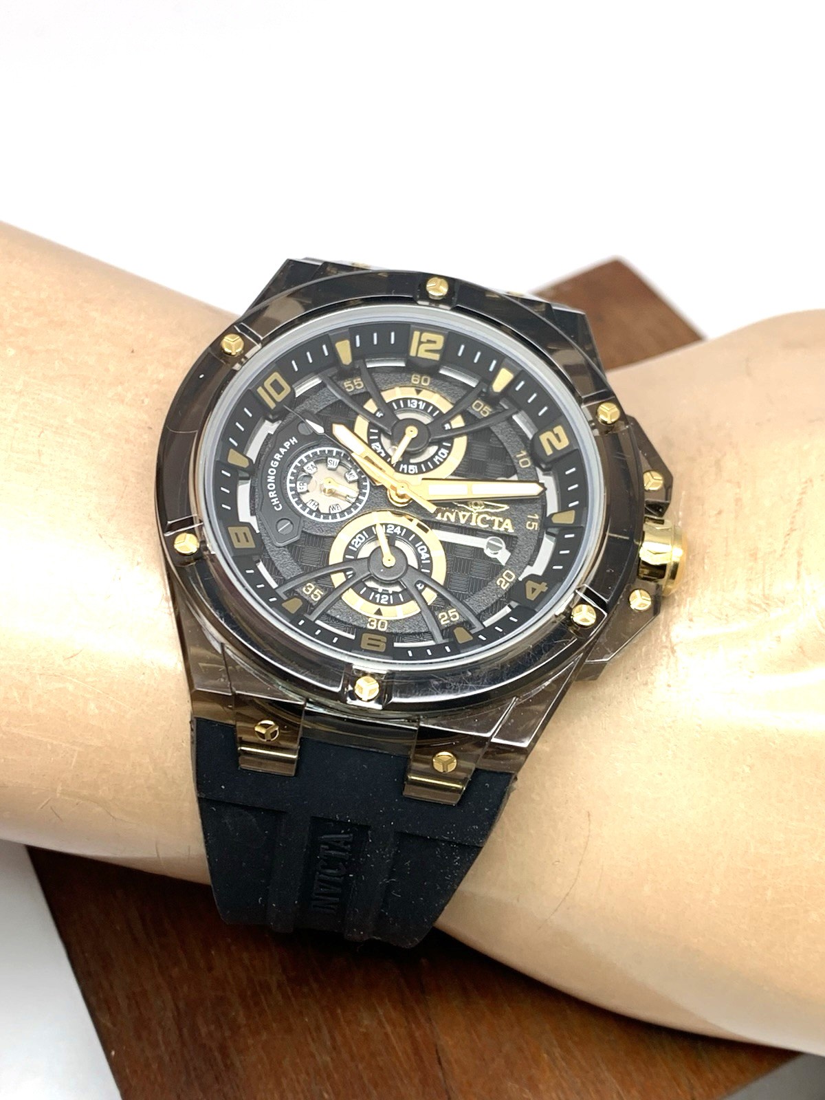Invicta Men’s Watch 48807 Racing Saphirex Quartz Gold Black Rubber Strap 46mm
