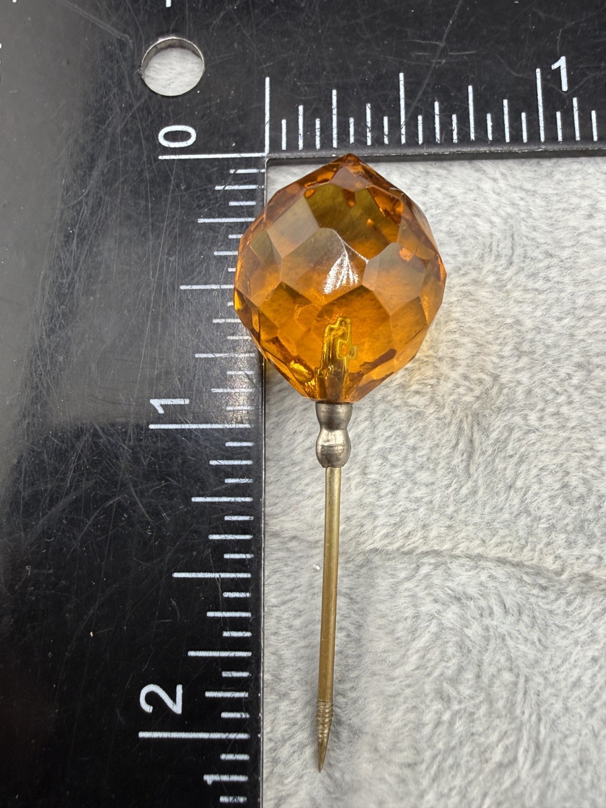 Vintage Stick Pin Faceted Orange Brown Glass Gold Tone