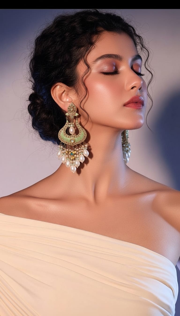 Traditional Kundan Pearl Chandbali Earrings with Pastel Beads for Women