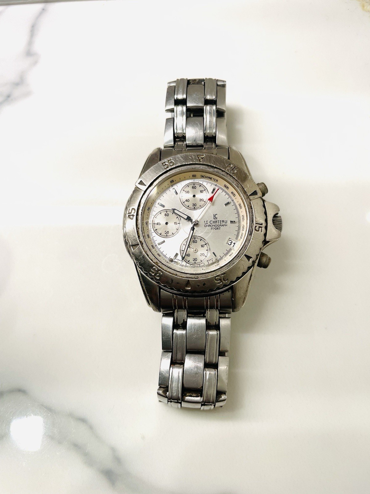 Le Chateau Chronograph Sport Watch Silver Dial Tachymeter Stainless Steel Men’s