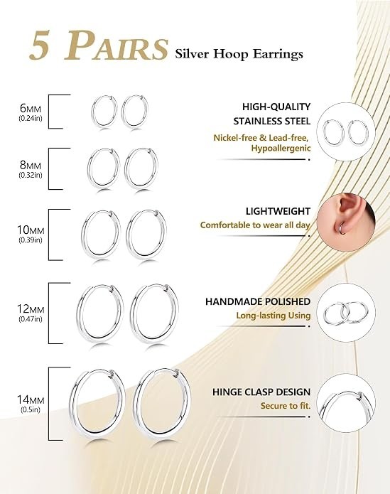 5 Pairs Small Huggie Hoop Earrings for Women, Stainless Steel Silver