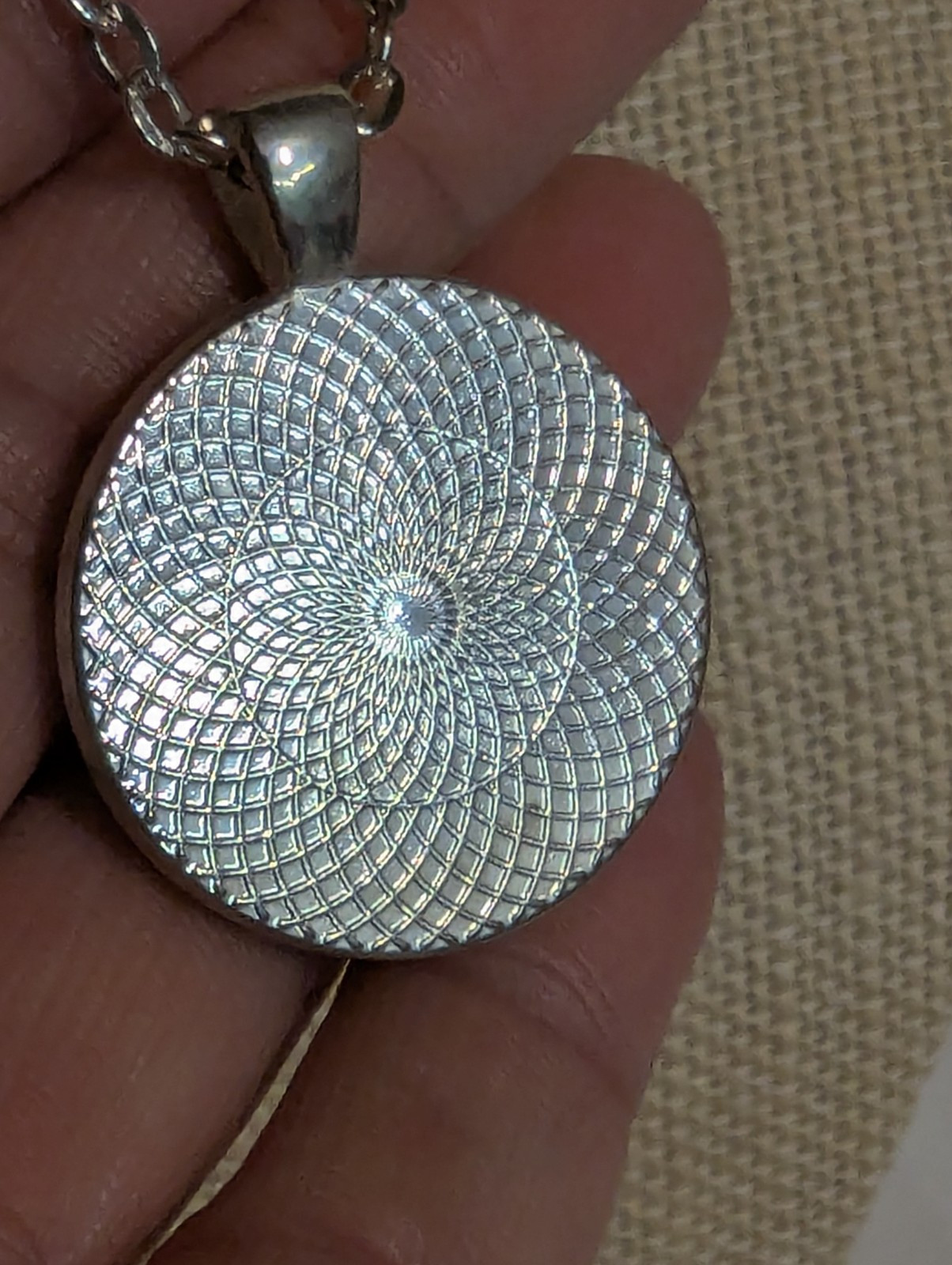 Hand Painted Abstract Blue Pendant Silver Tone Necklace Glass Dome Bezel 24 Inch
