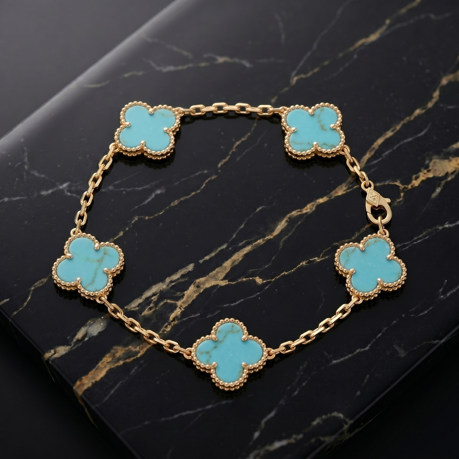 Turquoise Bracelet 7-8″ inch 14k Gold Over 925 Sterling Silver 5 Clover