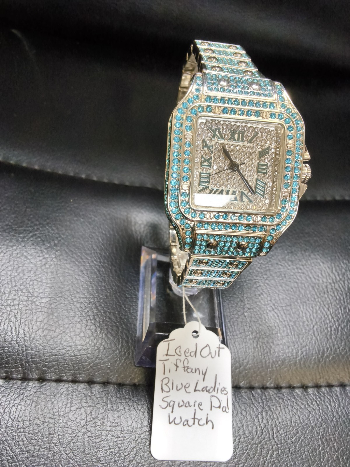 Iced Out Tifanny Blue Square Ladies Watch Silver Tone Crystal Bling NewPrice: