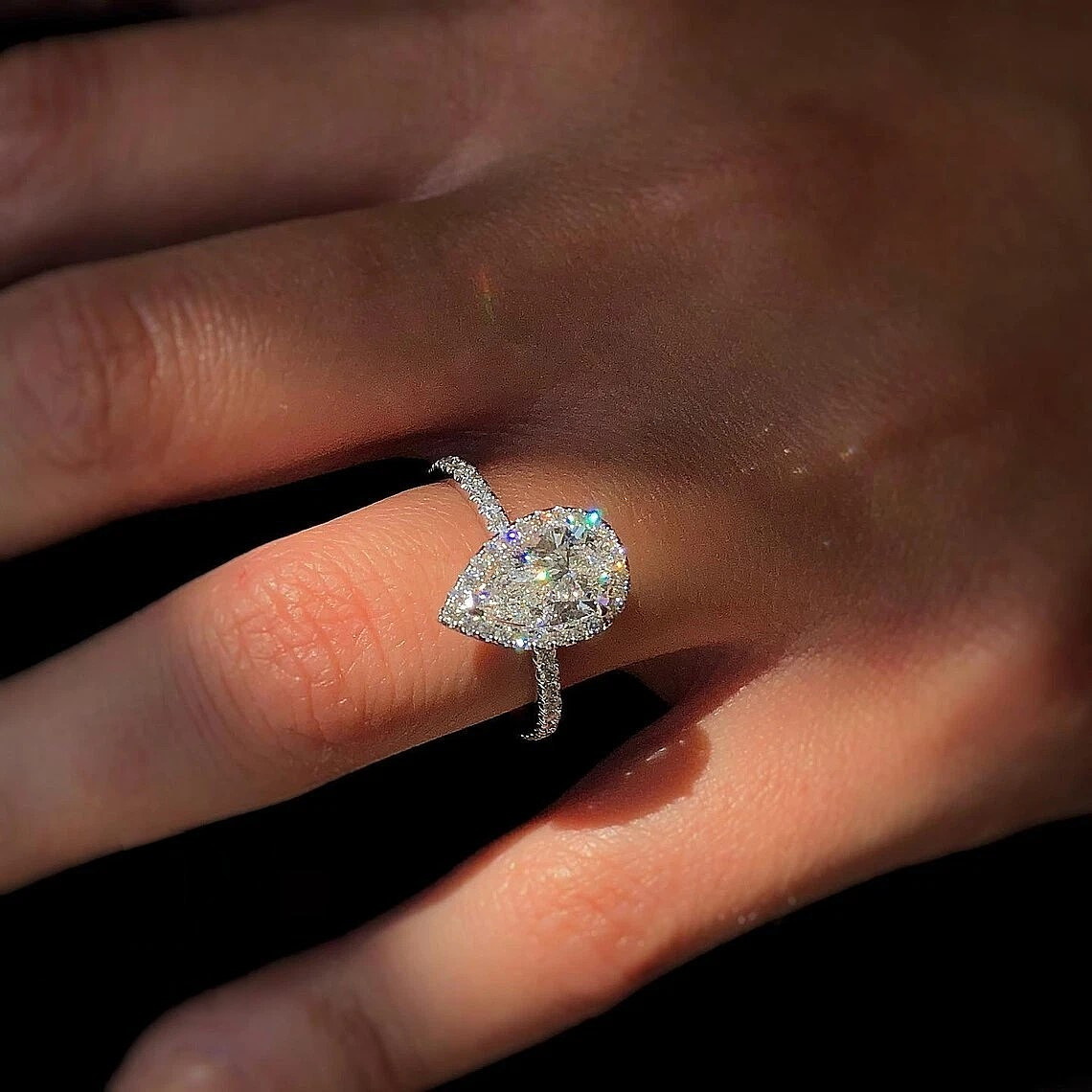 Moissanite Halo Engagement Ring Solid 14K White Gold 2.50 CT Pear Cut F/VVS1