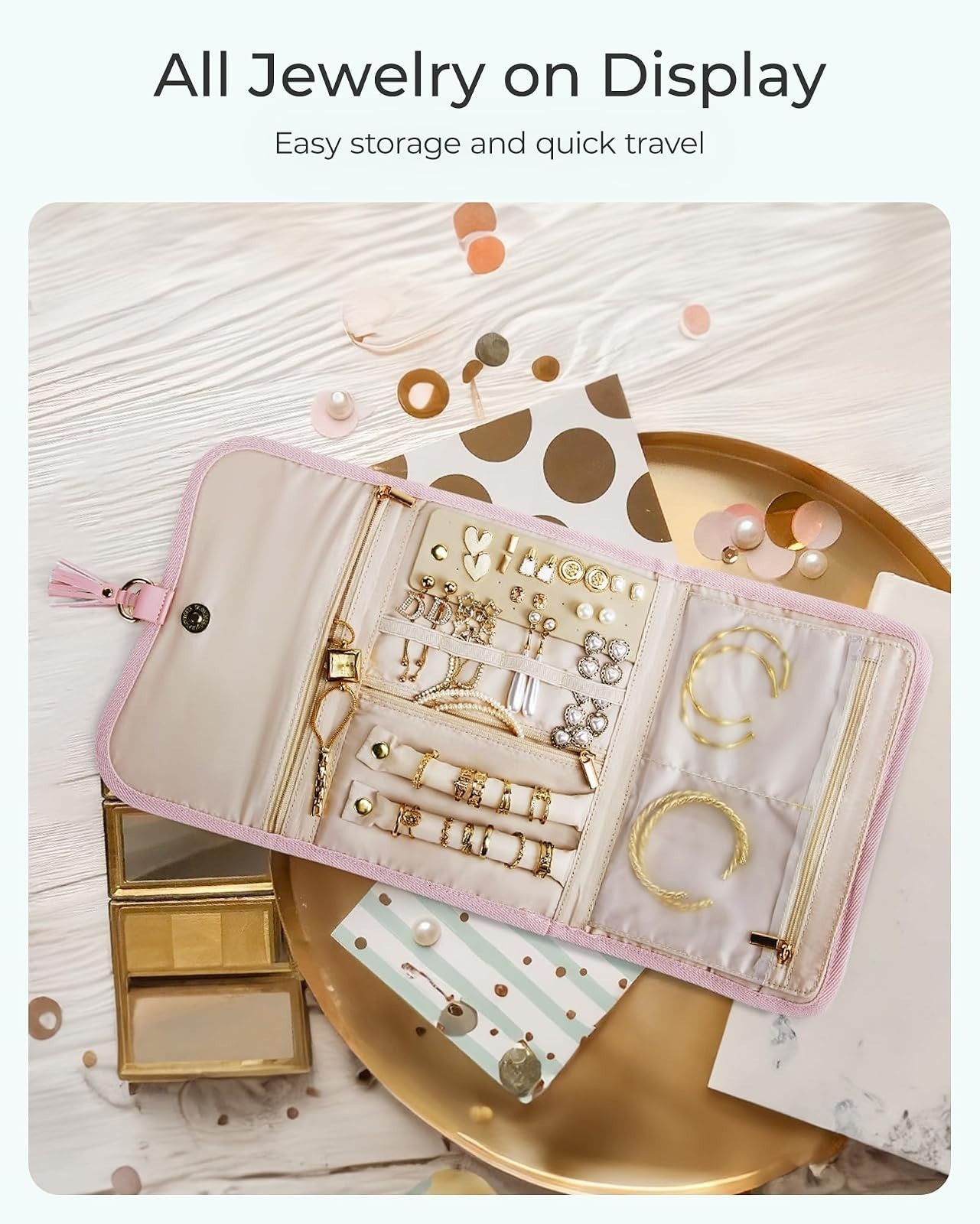 BAGSMART Travel Jewelry Case Organizer – Portable Pink Jewelry Roll