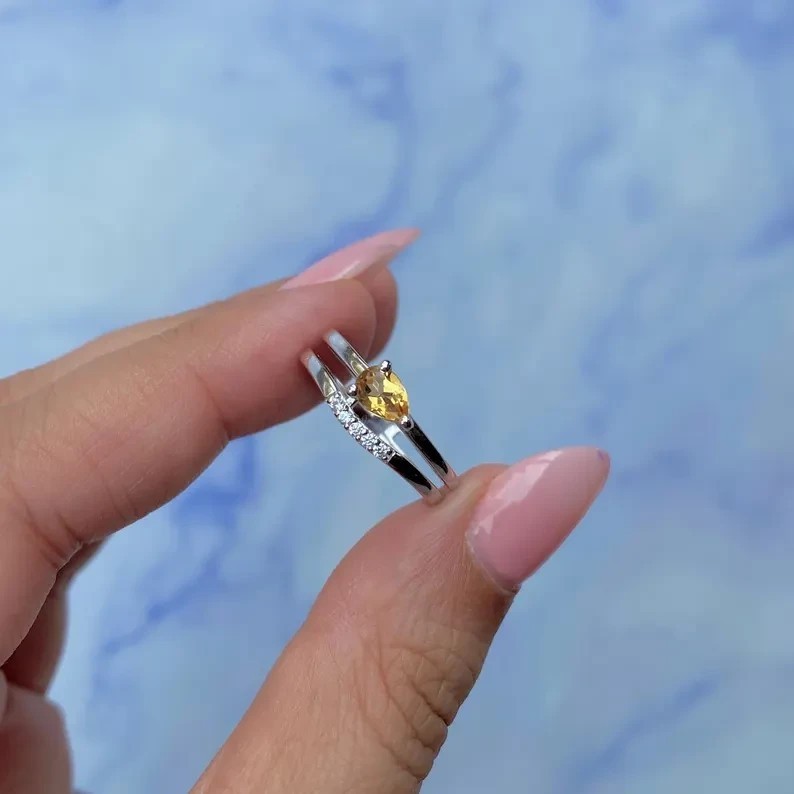 2Ct Pear Cut Simulated Yellow Citrine Enhancer Fancy Ring 14K White Gold Plated