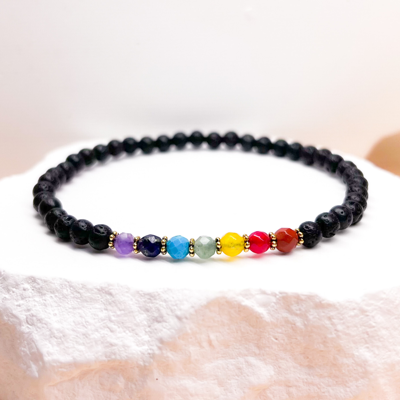 7 Chakra Gemstone Volcanic Lava Rock Bracelet, Harmony and Balance