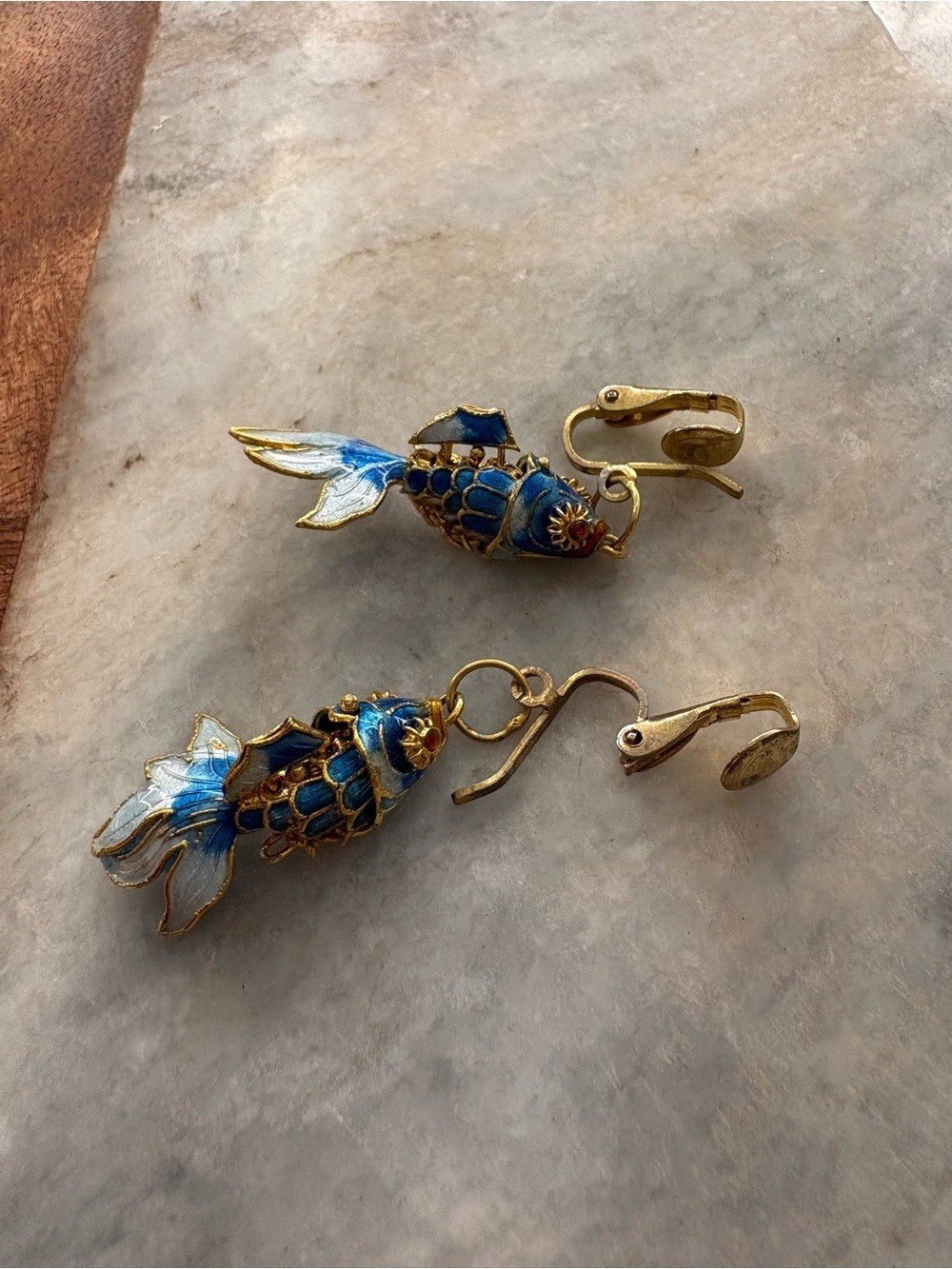Vintage Blue Enamel Koi Fish Clip-On Earrings – Gold Tone