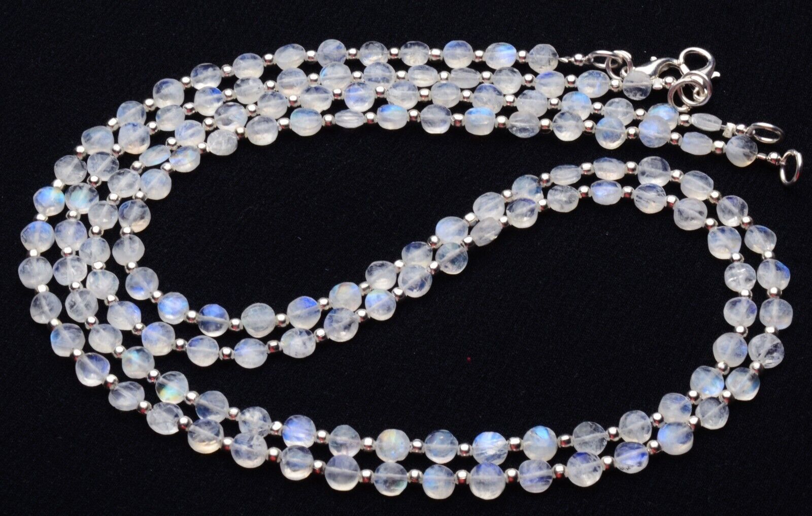 Rainbow Moonstone 20″ Necklace Blue Fire Beads 5 mm Faceted Round Coin