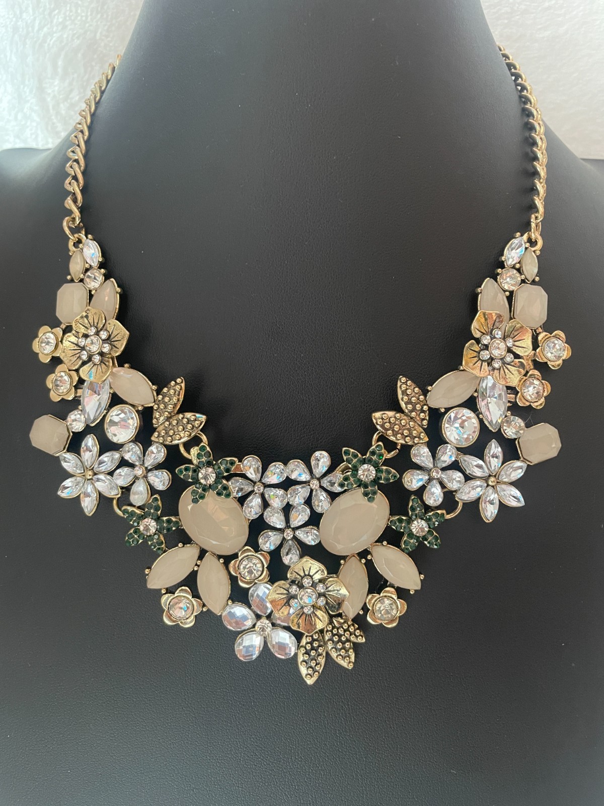 Gold Tone Floral Rhinestone Statement Bib Necklace