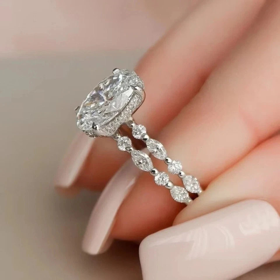 2.80Ctw Oval Cut Moissanite Bridal Engagement Ring Sets 14K White Gold Plated