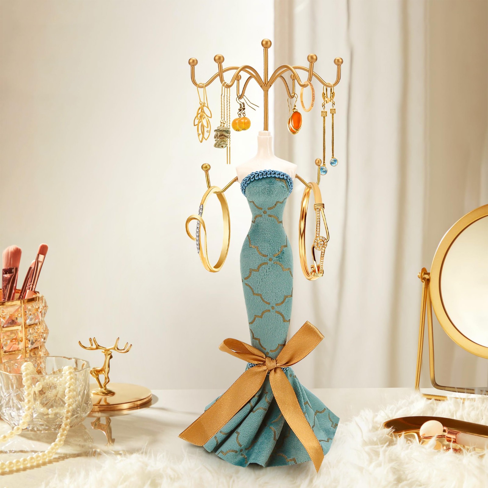 Lady Mannequin Doll Jewelry Stand Holder, 2 Tier Blue Rotating Necklace and B…