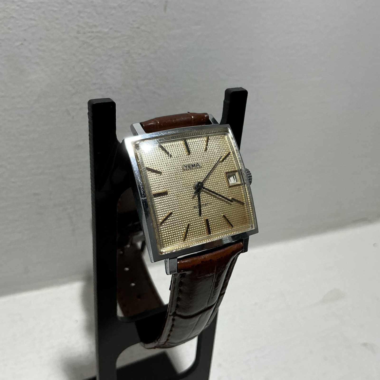 Vintage Yema Automatic Arabic Date Textured Dial Square 29mm Swiss