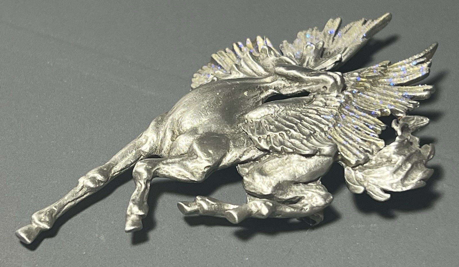 Vintage JJ Jonette Brooch Pewter Horse Pegasus Purple Glitter 3.5 Inches