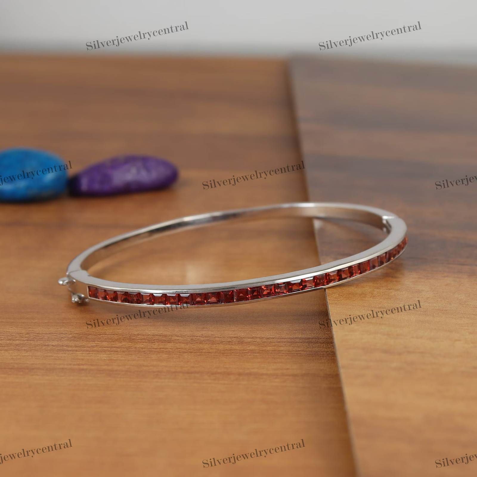 Natural Garnet Bangle: 925 Sterling Silver January Birthstone Jewelry