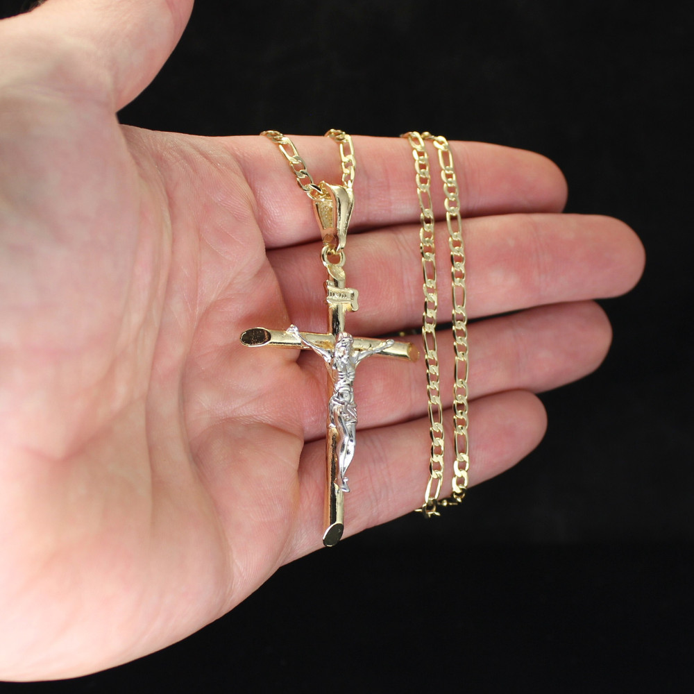 14k Two Tone Plated 65mm Crucifix Pendant 20″ Figaro Chain Men Women Necklace