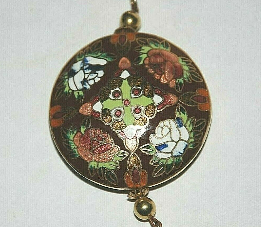Cloisonne Asian Flower Tassel Necklace Pendant Enamel Gold Filled Silk Cord Boho
