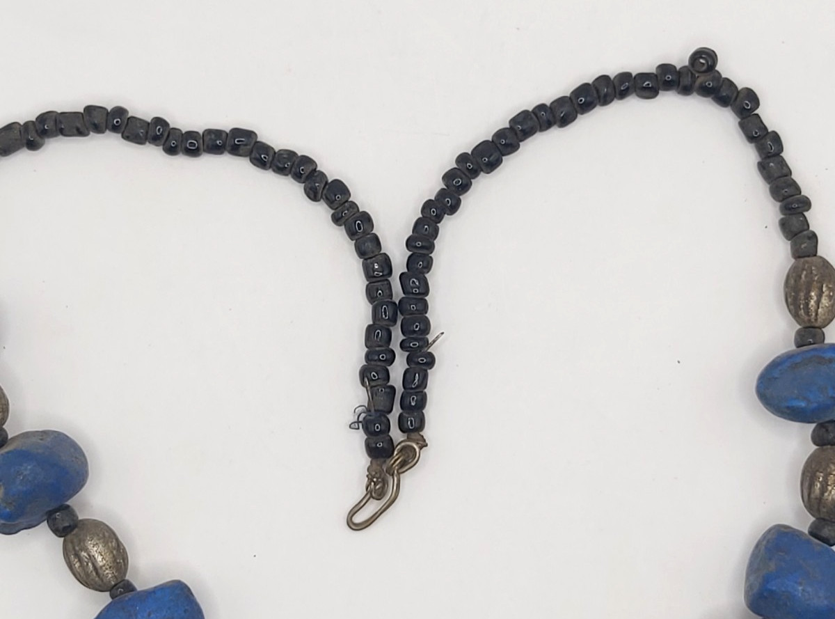 Vintage Berber Moroccan Lapis Blue Resin Bead Necklace Tribal Silver Tone Pendan