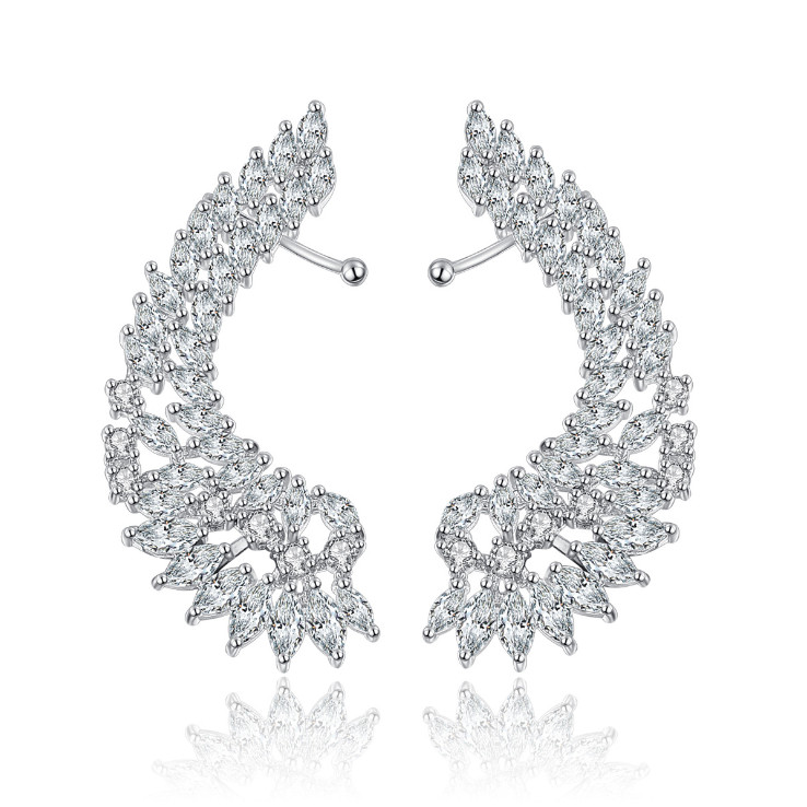 Silver Cubic Zirconia CZ Wing Feather Pin Ear Cuff Crawler Climber Earrings PE37