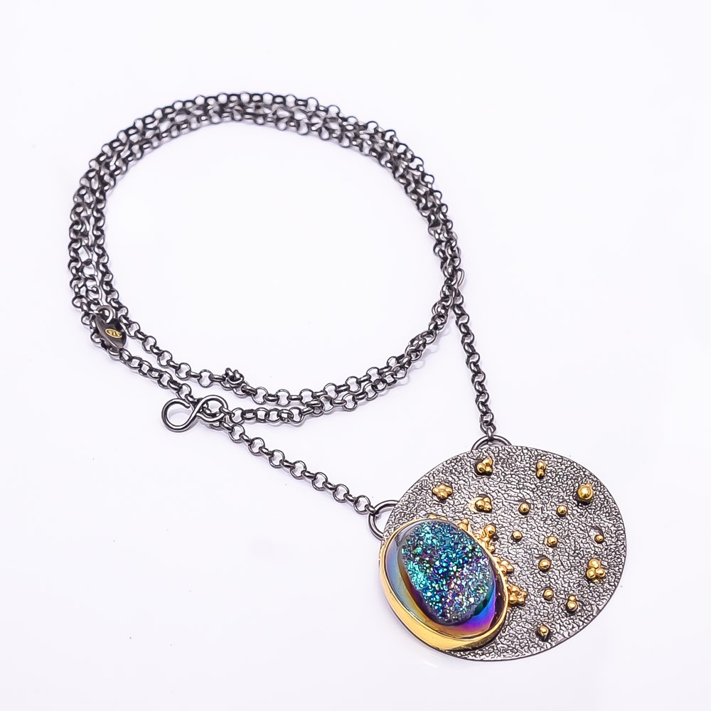 Peacock Titanium Agate Drusy Black And Gold Rhodium 925 Silver Necklace 19.99″