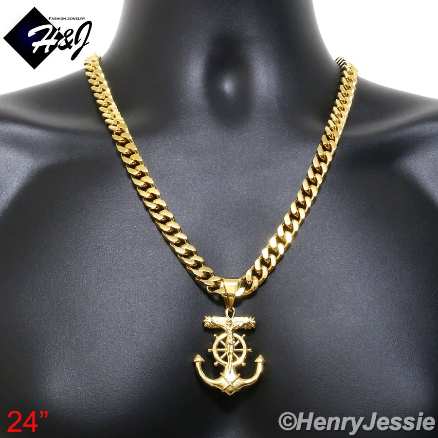 18-40″Stainless Steel 9mm Gold Plated Cuban Necklace Bracelet Anchor Pendant*G58