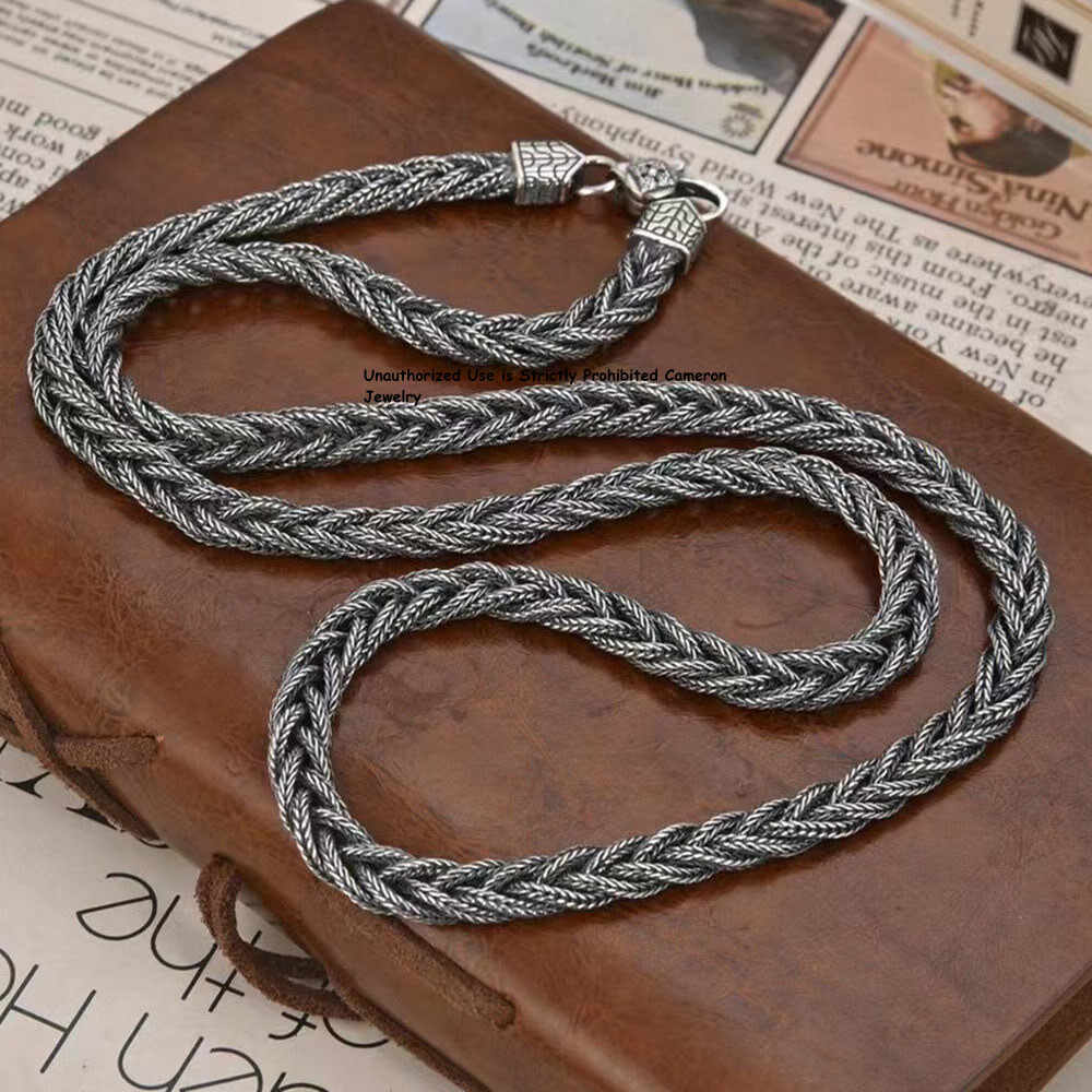 Pure S925 Sterling Silver Chain 6mm Braided Foxtial Link Necklace34-35g 23.6inch