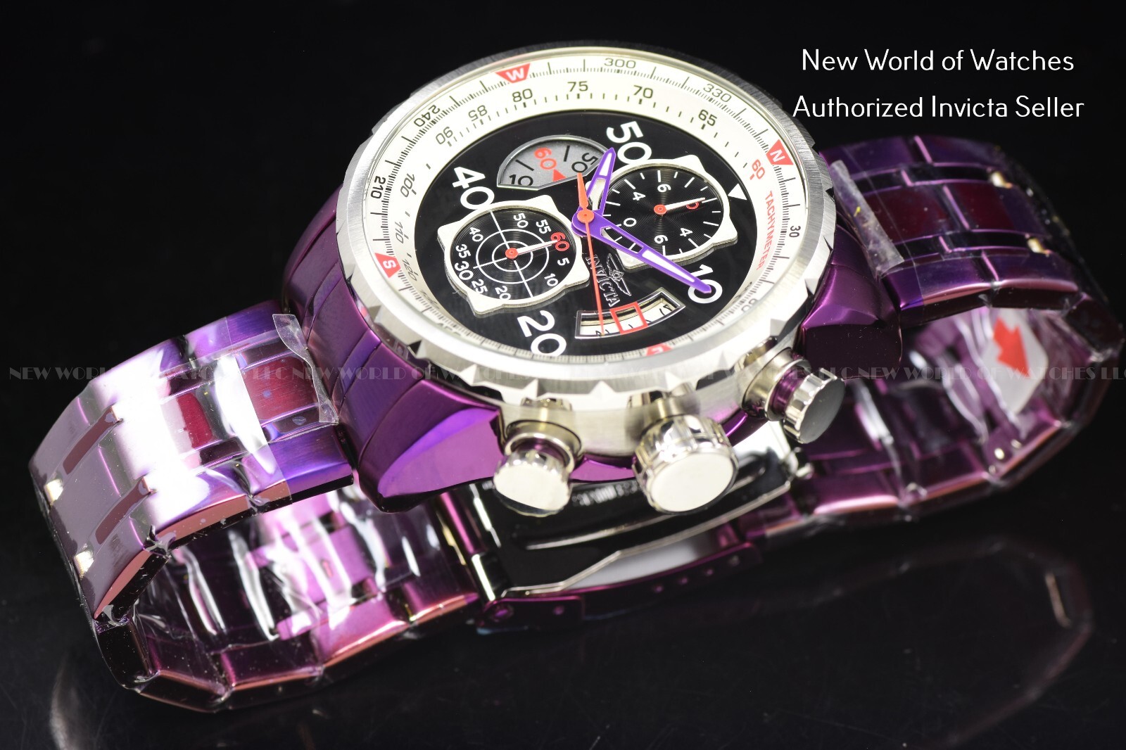 Invicta Men’s Aviator 48mm Multifunction Black Dial Purple Stainless Steel Watch