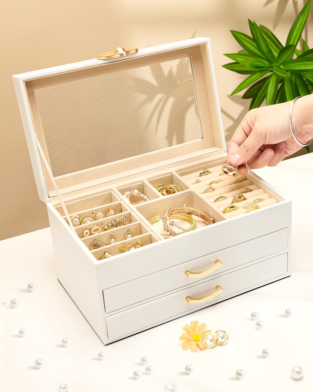 Jewelry Box 3 Drawers Glass Lid Leather Organizer Storage Display White Gift