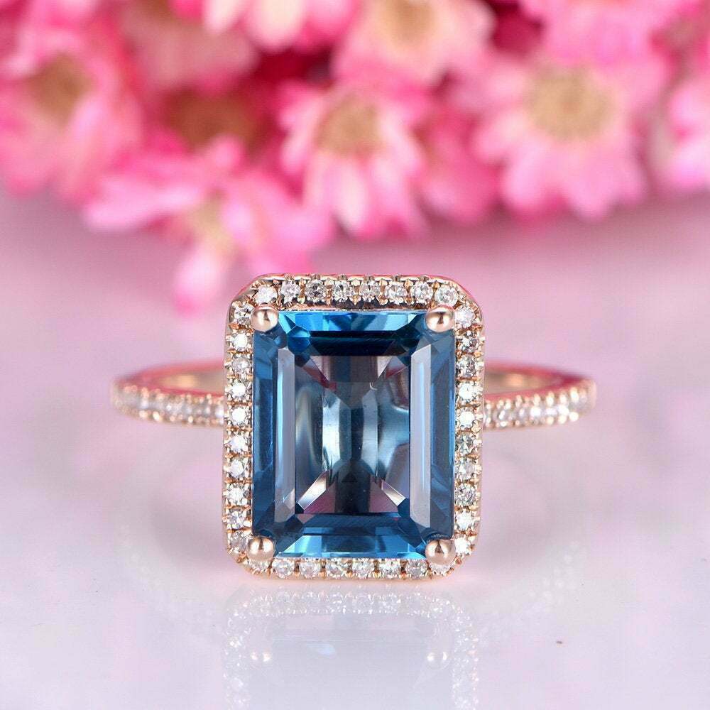 3Ct Simulated Diamond &London Blue Topaz Women Promise Ring 14K Rose Gold Finish