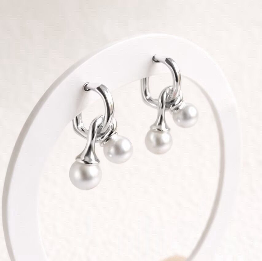 925 Silver Pearl Huggie Hoop Earrings Minimalist Double Pearl Dangle Hoops 107