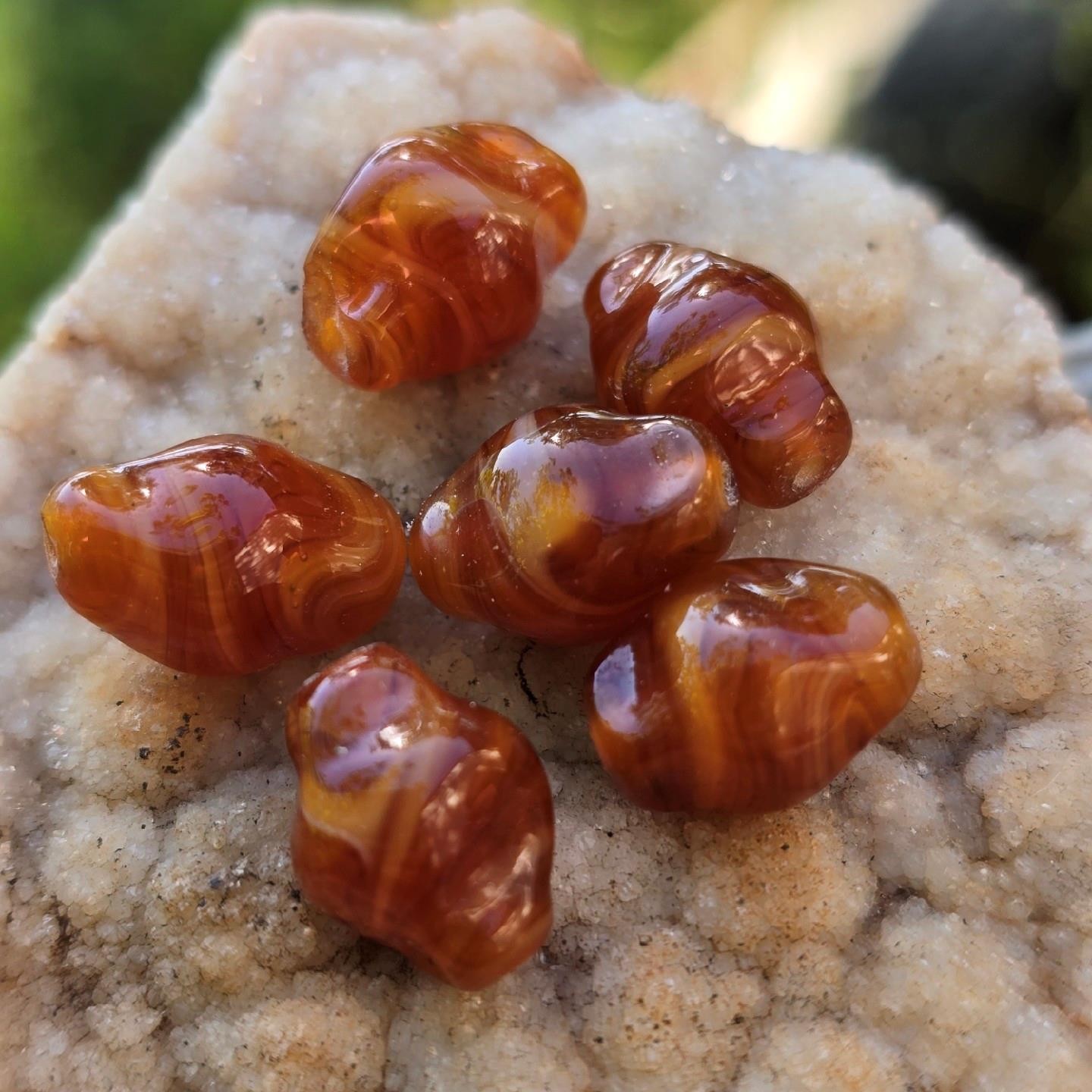 6 Vintage Handmade Lampwork Glass Beads Swirl Caramel Amber Brown Artisan