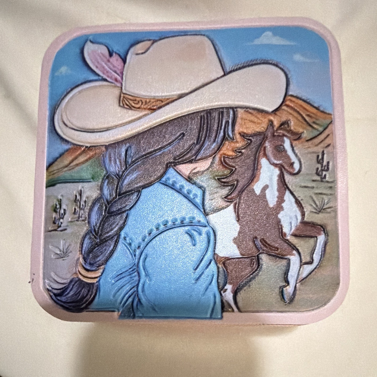 Pink Faux Leather Zipper Jewelry Box w/ Mirror, Velvet Lined, Cowgirl Western
