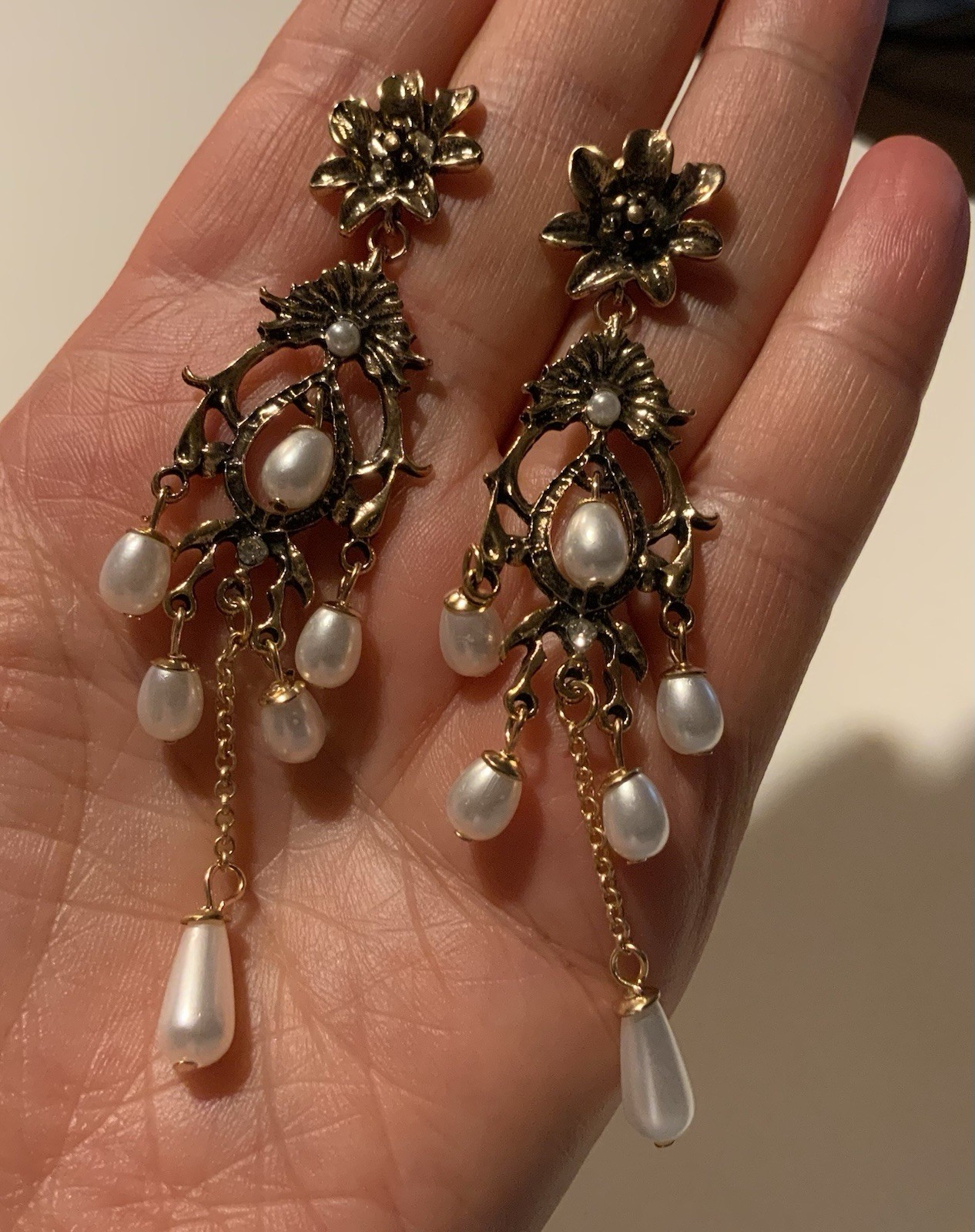 Medieval Antique Earrings Flower Pearl Chain Boho Gold Court VTG Stud Retro