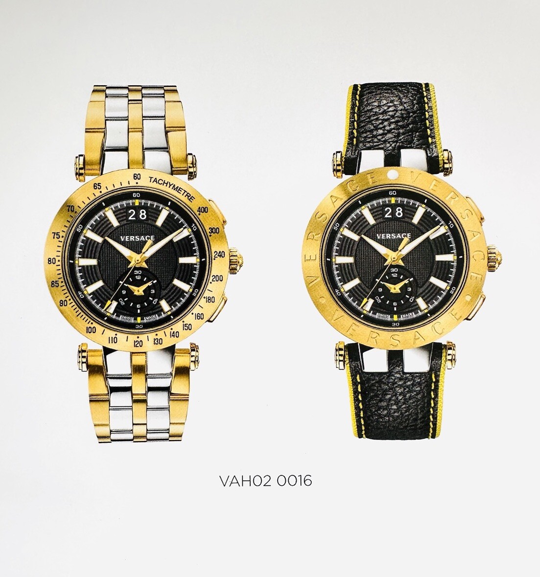 VERSACE WATCH STRAP , VAH , BLACK + YELLOW STITCHING YELLOW , TONGUE BUCKLE